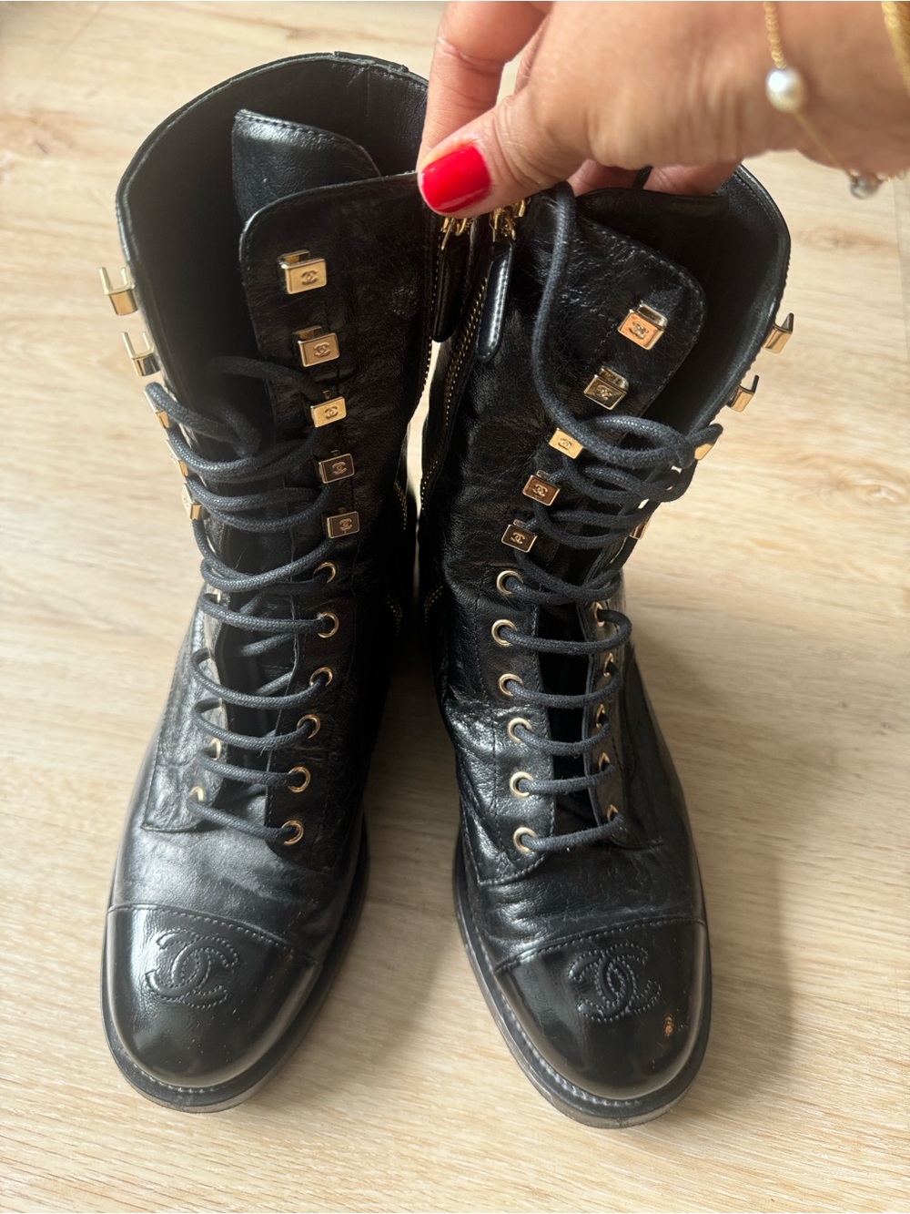 CHANEL Black Patent Lace-Up Ankle Boots - Picture 3 of 3